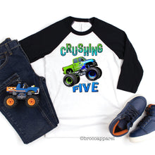 Load image into Gallery viewer, Crushing Five Boys 5th Birthday Monster Truck Raglan Shirt