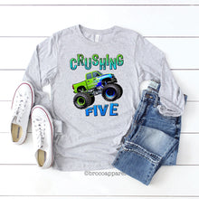 Load image into Gallery viewer, Crushing Five Boys 5th Birthday Monster Truck Long Sleeve Shirt