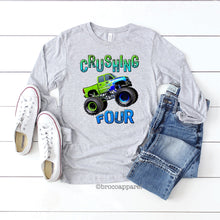 Load image into Gallery viewer, Crushing Four Boys 4th Birthday Monster Truck Long Sleeve Shirt