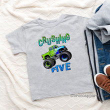 Load image into Gallery viewer, Crushing Five Boys 5th Birthday Monster Truck Shirt